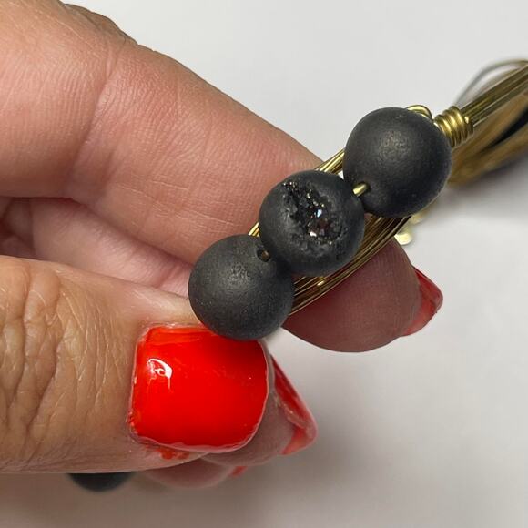 BOURBON & BOWETIES gold tone bracelet bangle 3 black beads jewelry wire wrapped - Picture 3 of 9